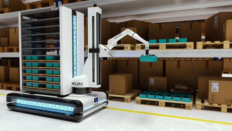 マルチセンシング自律走行車（MAV）に搭載された軽量アジャイル補助ロボット（LARA）による製品のパレタイジング作業 © NEURA Robotics GmbH
